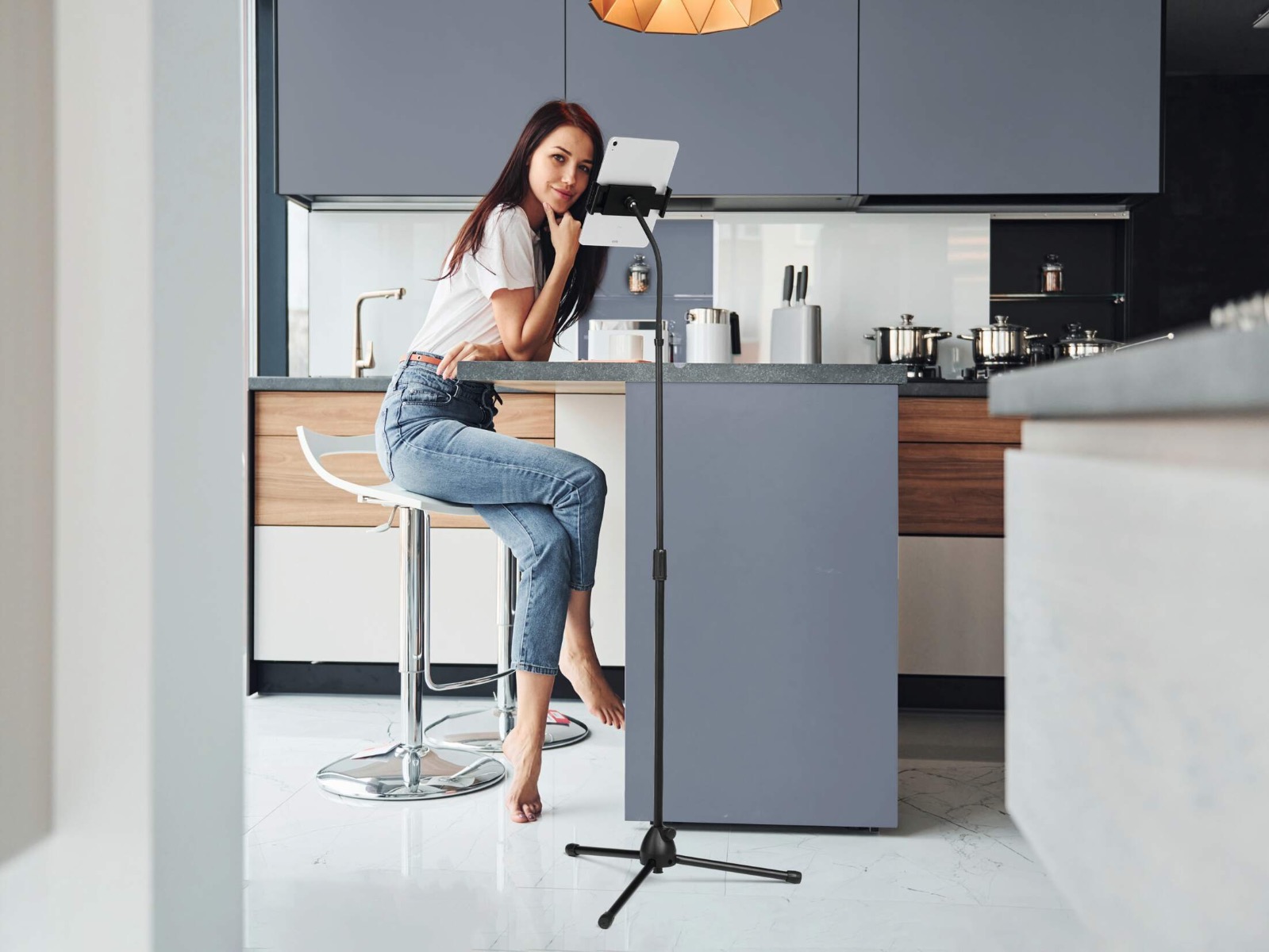 Telescopische tablet vloerstandaard met flexibele arm